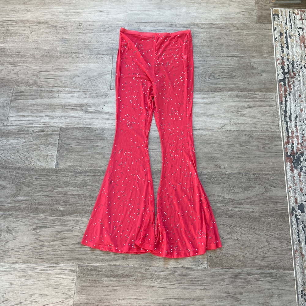 Pink Flared Pants with Rhinestone Accents